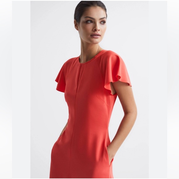 NWT Reiss Eleni Flutter Cap Sleeve strappy back Midi Maxi Coral fit flare dress - Picture 4 of 13